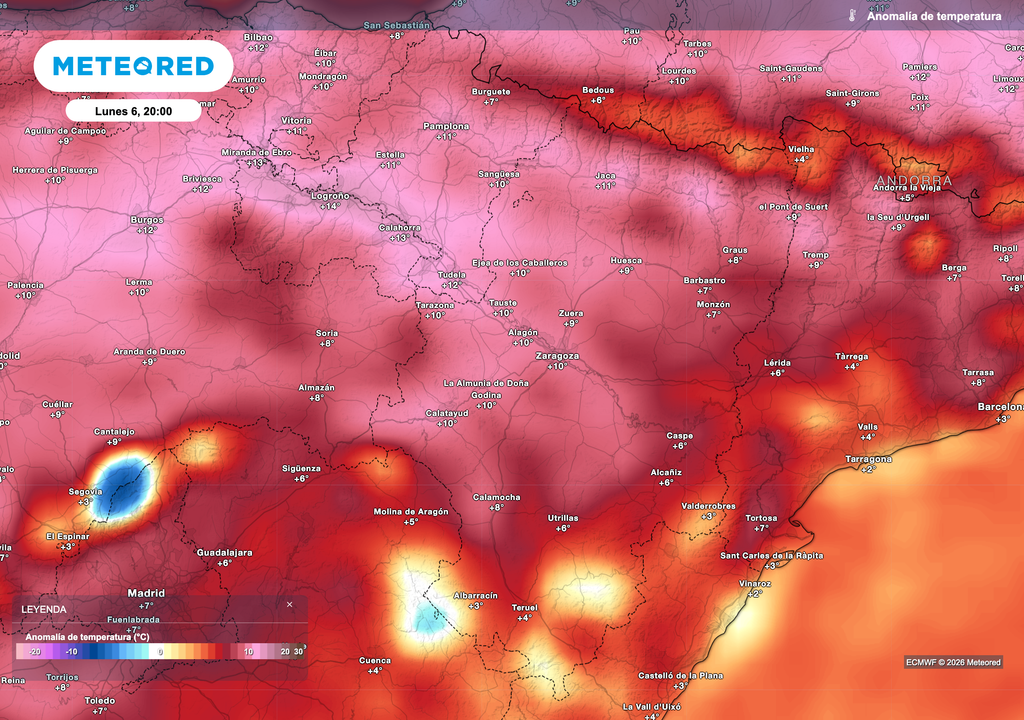 Anomalías térmicas previstas en el valle del Ebro, superando los +9 ºC en el caso de Zaragoza.