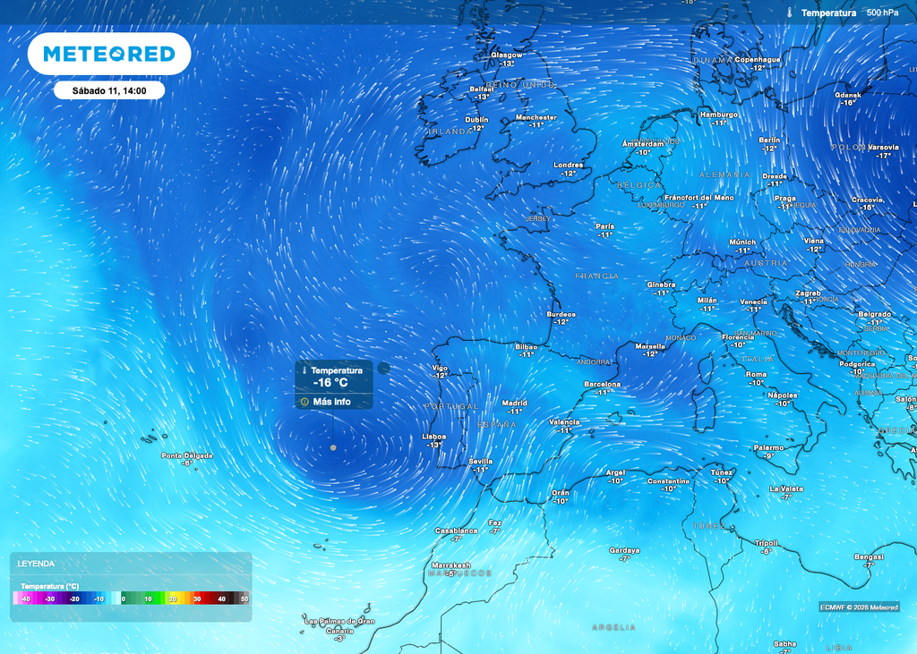 Une goutte froide est attendue à l'ouest de la péninsule Ibérique, avec des températures de l'ordre de -16 °C vers 5 500 mètres d'altitude. Une goutte froide est attendue à l'ouest de la péninsule Ibérique, avec des températures de l'ordre de -16 °C vers 5 500 mètres d'altitude.