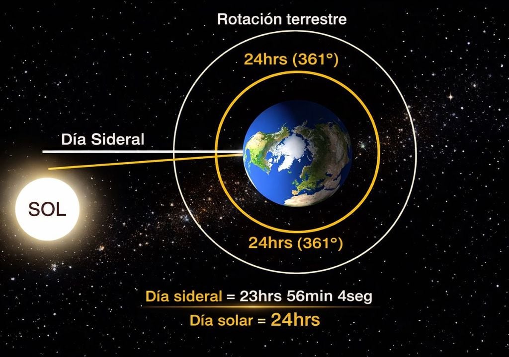 En la infografía (ajustada al español y basada en el video posteado en X), se muestra la diferencia entre el día sidéreo el día solar que conocemos. Crédito: James O'Donoghue /JAXA
