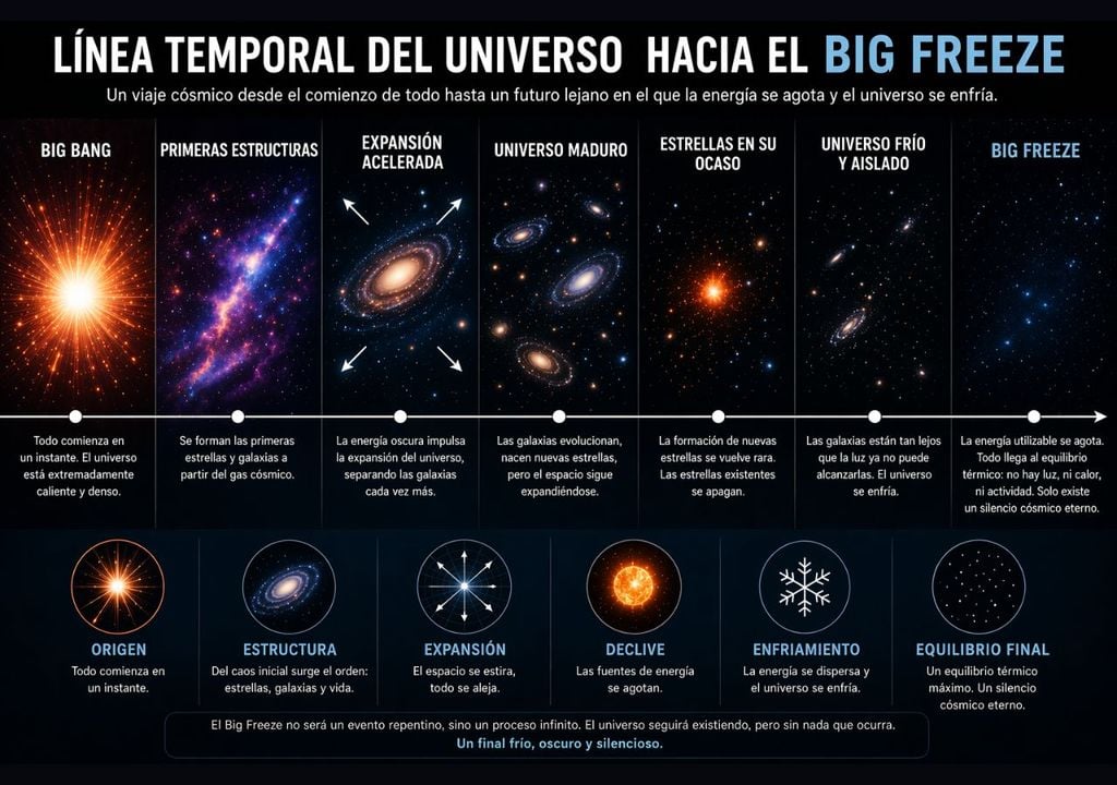 línea temporal universo Línea temporal del universo hacia el Big Freeze, uno de sus posibles finales. Imagen creada con IA