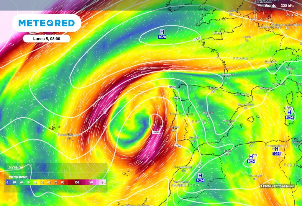 Posición de la dana prevista por el modelo europeo para el lunes. La gota fría puede distinguirse por el giro ciclónico del viento previsto a unos 9000 m.