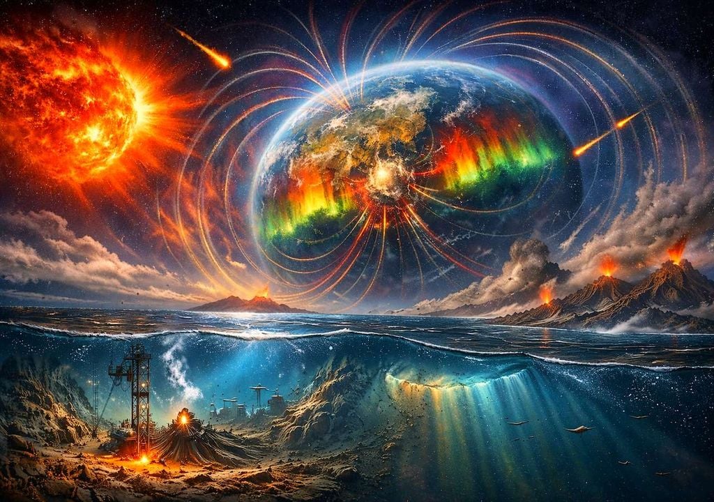 En 2012, una misión oceánica obtuvo muestras de barro cuya caótica composición metálica delató una inestabilidad planetaria extrema. Estos sedimentos del Eoceno revelaron un periodo de desorden magnético prolongado y totalmente imprevisto. Imagen: simulación con IA.