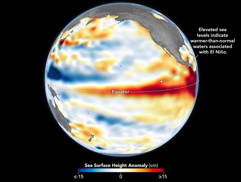 Topografía de la superficie del mar Un mapa global centrado en el Océano Pacífico muestra una franja roja con niveles de agua superiores a lo normal en el Pacífico ecuatorial central y oriental, así como una amplia zona frente a la costa de Sudamérica. El 8 de junio de 2026, pocos días antes de la declaración de El Niño, se observan niveles del mar superiores a lo normal (en rojo) en el Pacífico central y oriental. Los datos para el mapa fueron obtenidos por el satélite Sentinel-6 Michael Freilich y procesados por científicos del Laboratorio de Propulsión a Chorro (JPL) de la NASA.Fuente: NASA/Lauren Dauphin