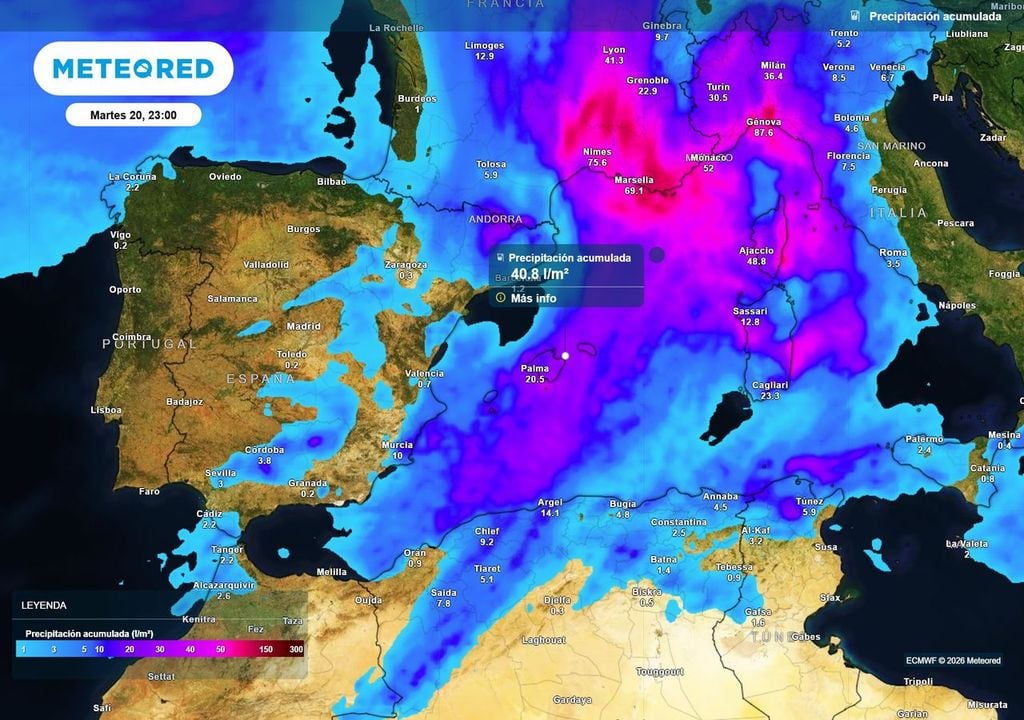 En las próximas horas todavía se podrán producir acumulados de lluvia destacados en Baleares, con intensidades de hasta 30 y 40 l/m2 en una hora.