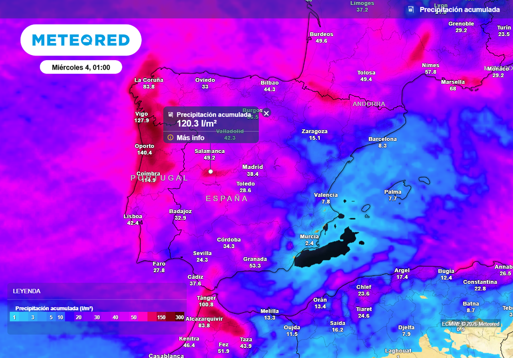 En áreas expuestas de la vertiente atlántica acumularán más de 100 l/m2 con la nueva borrasca.
