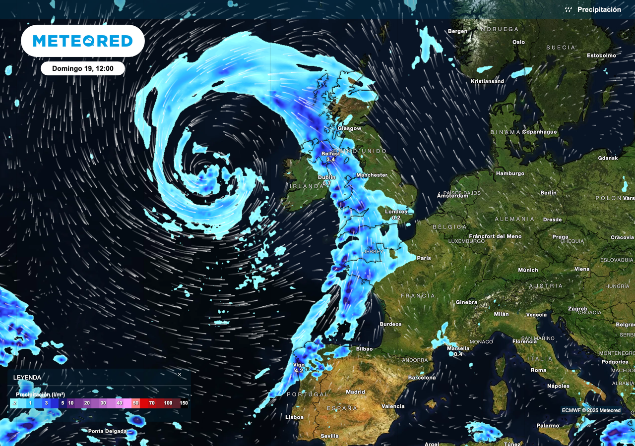 Las lluvias generadas por el frente afectarán simultáneamente a cuatro países distintos, regando al mismo tiempo las ciudades de A Coruña y Edimburgo.