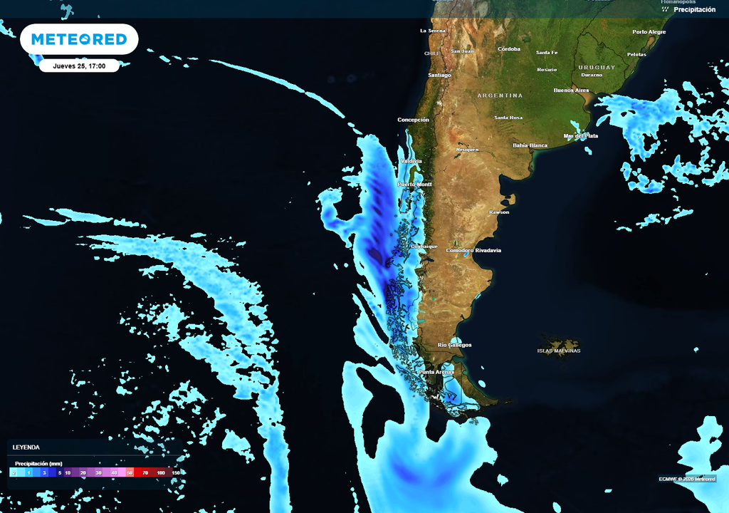 lluvias previstas El sistema frontal más importante de la semana llegará cubriendo con lluvias entre Magallanes y la Región de Ñuble.