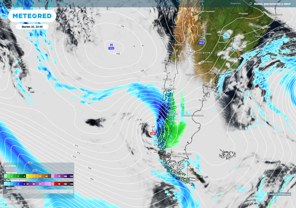 sistema frontal previsto Un sistema frontal llegará este martes 23 de junio a la Región de Aysén, dejando lluvias y nevadas. La alta presión al norte no le permitirá avanzar mucho.