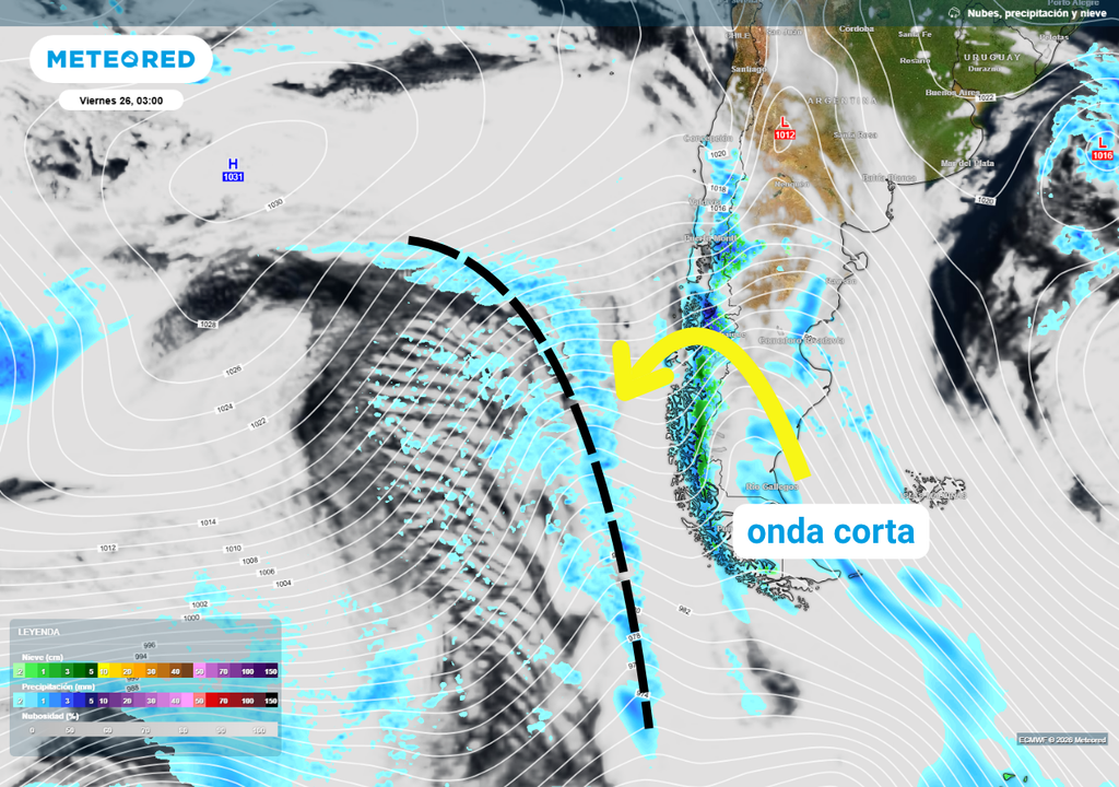 infografía de la inestabilidad postfrontal Una onda corta llevará una línea de inestabilidad hacia el continente, que potenciará los restos del sistema frontal, aportando más lluvias a Chile.