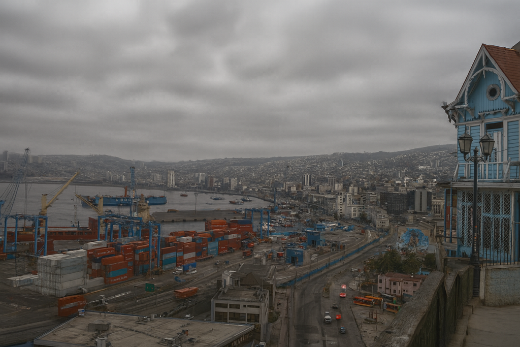 Puerto de Valparaíso y cerros bajo un manto de nubes, anticipando un fin de semana fresco y húmedo en la región. Puerto de Valparaíso y cerros bajo un manto de nubes, anticipando un fin de semana fresco y húmedo en la región.