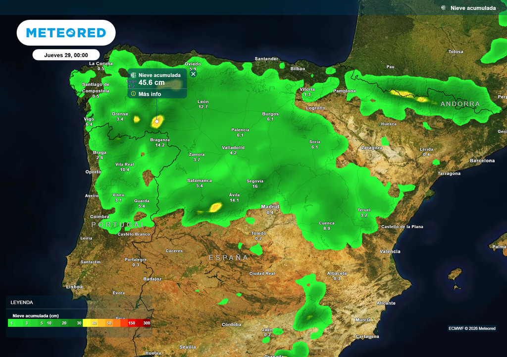 Los acumulados de nieve previstos para el final de la jornada de mañana.