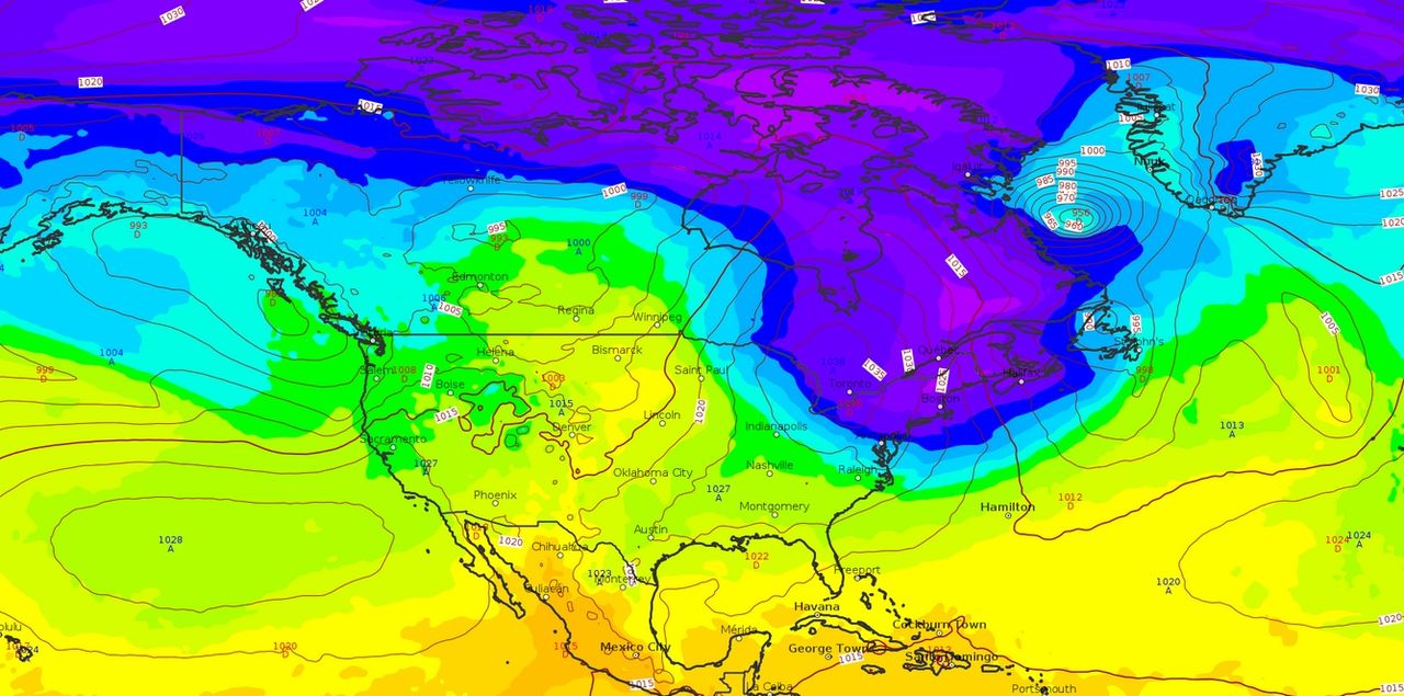 Análisis del CEP para el jueves 22 de noviembre de 2018 a las 18:00 UTC de la temperatura a 850 hPa, en colores, y la presión al nivel del mar