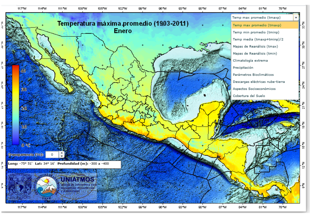 Temperatura máxima promedio en enero (1903–2011) en México, visualizada mediante el Atlas Climático Digital interactivo.
