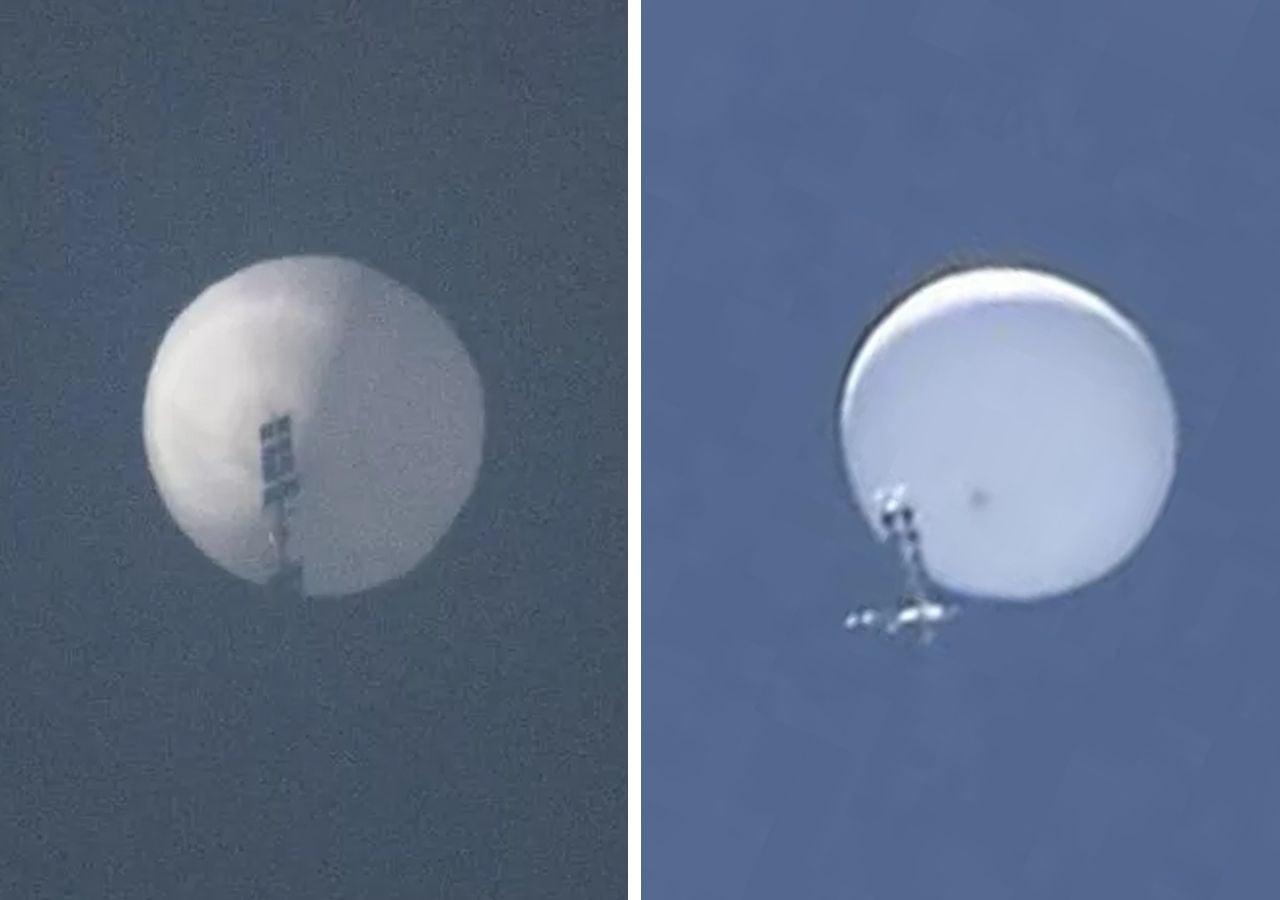 Izq.: supuesto globo espía chino sobrevolando EE. UU. en 2023. Der.: Objeto Volador No Identificado (OVNI) sobrevolando Japón en 2020. Los globos y la carga son muy similares.