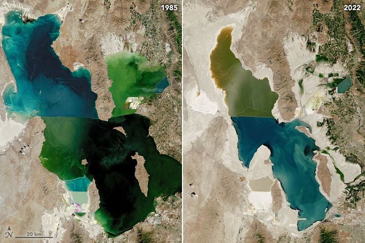 Imágenes del Gran Lago Salado: a la izquierda en 1985, y a la derecha en 2022. NASA