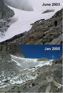 NATUREEl glaciar Elena se ha retraído más de 20 metros entre 2003 y 2005. Una imagen fue tomada en enero de 2005 y la otra en junio de 2003, los investigadores apuntan que esta parte del mundo experimenta el mismo clima en esos momentos del año. © R. TaylorLos geólogos culpan al cambio climático por la desaparición de los glaciares ecuatoriales.La imagen muestra el glaciar de Elena en las montañas de Rwenzori de África del este. Es parte de uno del puñado de glaciares de hielo y nieve del mundo en las zonas ecuatoriales - hielo que los geólogos piensan que han sido un accesorio permanente allí por 300.000 años. Pero en dos décadas, dicen, se habrá ido.Un estudio reciente muestra que el campo del hielo que se sitúa en la frontera entre Uganda y la república democrática de Congo ahora cubre menos de un solo kilómetro cuadrado. Hace un siglo, era siete veces este tamaño.El glaciar Elena se está retirando cerca de 10 y 15 metros cada año, dice Richard Taylor de la Universidad Londres, que condujo el estudio. Las dos imágenes muestran el grado del retraimiento apenas en 30 meses. Taylor y su equipo examinaron el terreno y compararon las imágenes basadas en los satélites para demostrar cómo los campos de hielo han perdido la mitad del tamaño entre 1987 y 2003. Han publicado sus resultados en Geophysical Research Letters1.El primer examen del grado de extensión del campo del hielo fue realizado en 1906; esto sugirió que las montañas cubrían una zona nivosa de 6.5 kilómetros cuadrados. Los datos climáticos detallados se extienden solamente a los años 60, dice Taylor, pero sugieren que se están elevando las temperaturas cerca de 0.5 ºC cada década. "Pensamos que la elevación de la temperatura del aire es el factor fundamental en la perdida del hielo" dice Taylor.La carencia de precipitaciones al final del siglo diecinueve pudo haber comenzado a contraer los glaciares, dijo, pero si el clima de África se calienta desaparecerá el hielo que aún queda.Visite el newsblog para leer y para fijar comentarios sobre este tema.Referencias1. Taylor R. G., et al. Geophys. Res. Lett., ., doi:10.1029/2006GL025962 (2006).Texto tomado del portal de NATURE.http://www.nature.com/news/2006/060515/full/060515-8.html
