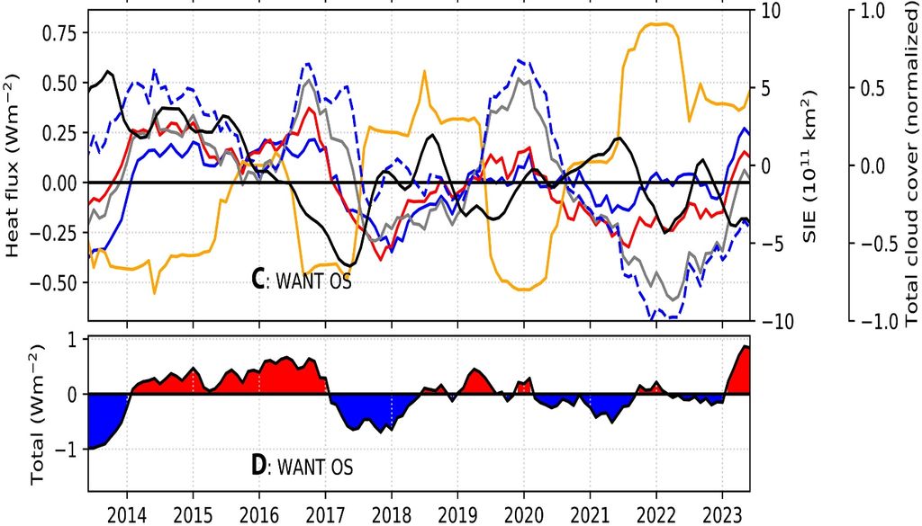 La gráfica corresponde a la Antártida Occidental. Allí se muestran anomalías en los componentes de flujo individuales de onda corta (SW; naranja), latente (Lat; rojo), sensible (Sens; azul) y onda larga (LW; gris), junto con la anomalía de SIE (negro, eje Y derecho) y la anomalía de la cobertura nubosa total. Imagen: Scientific Advances.