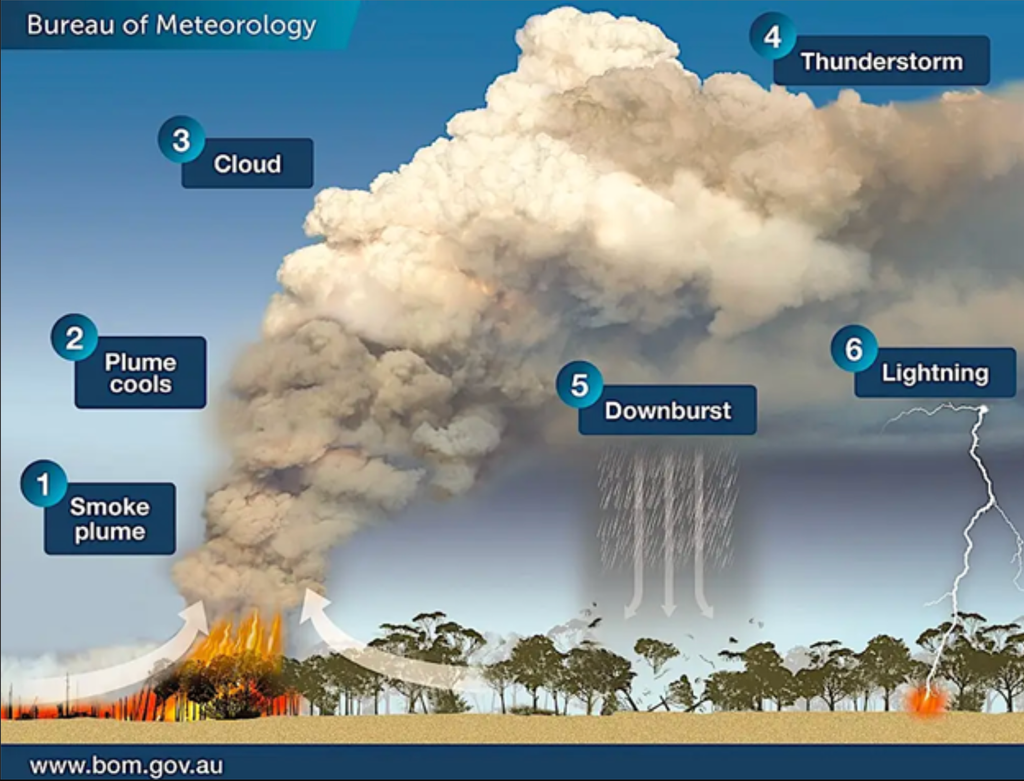 Los incendios pueden provocar muchas alteraciones al tiempo atmosférico inmediato. Fuente: Bureau de Meteorología de Australia.