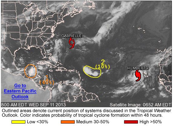 Situación de los ciclones tropicales según el CNH el 11 de septiembre de 2013. Fuente: CNH