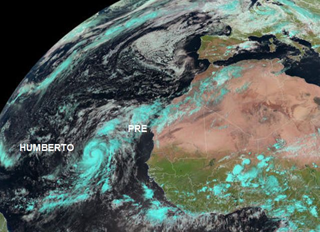 Imagen realzada RGB del Meteosat-10 de las 14 UTC del 11 de septiembre de 2013. "Humberto" y "PRE" se señalan en la imagen.