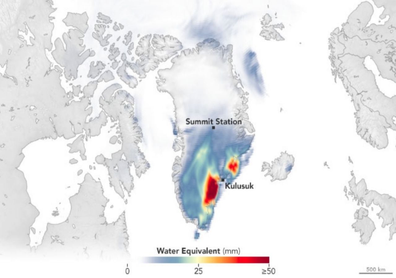 Cantidades de nieve calculadas para Groenlandia el 12 de septiembre por el modelo de Goddard Earth Observing System (GEOS).