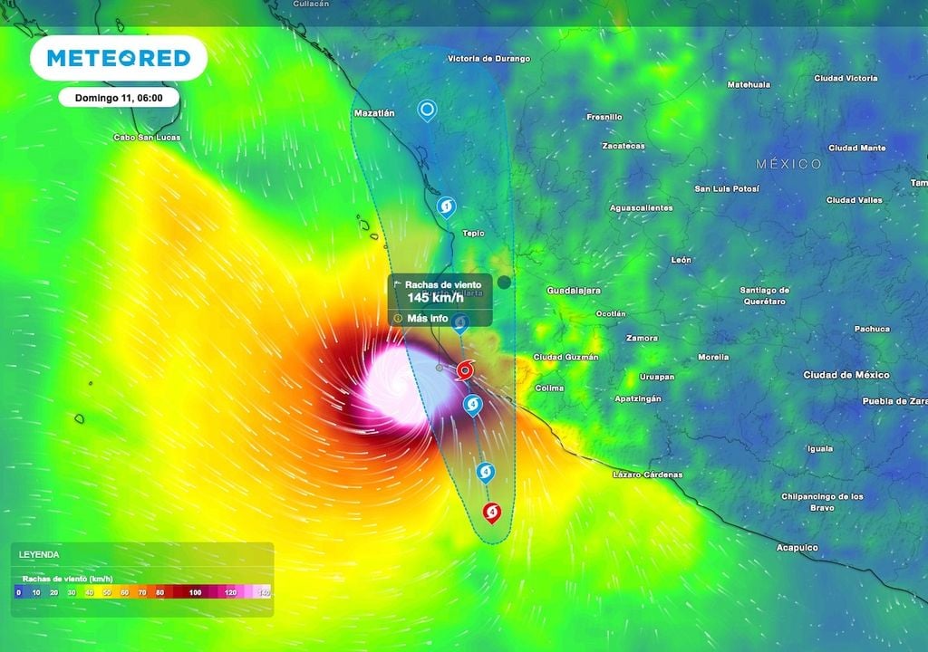 Las rachas de viento en la periferia del sistema alcanzarán valores superiores a los 200 km/h.