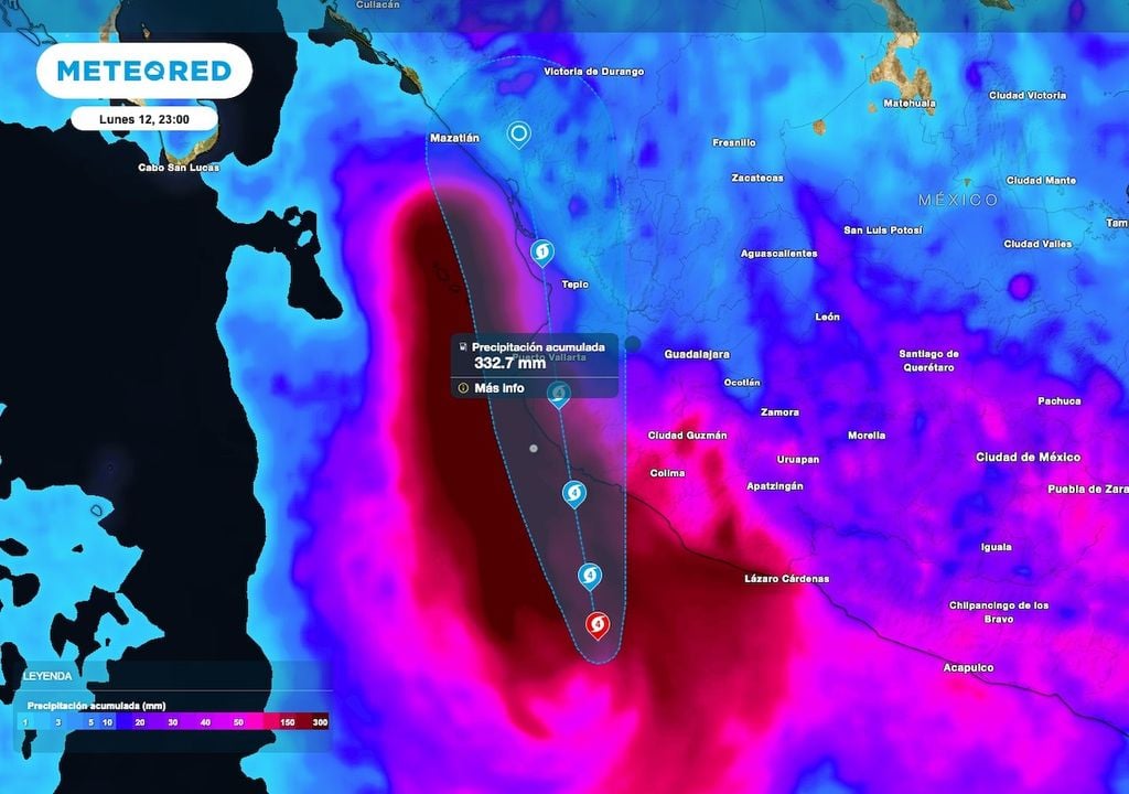 Los acumulados de lluvias más importantes sobre las porciones costeras donde pudieran superarse los 250 mm conforme al desplazamiento del huracán mayor Simon. Los acumulados de lluvias más importantes sobre las porciones costeras, pudieran superarse los 250 mm conforme al desplazamiento del huracán mayor Simon.