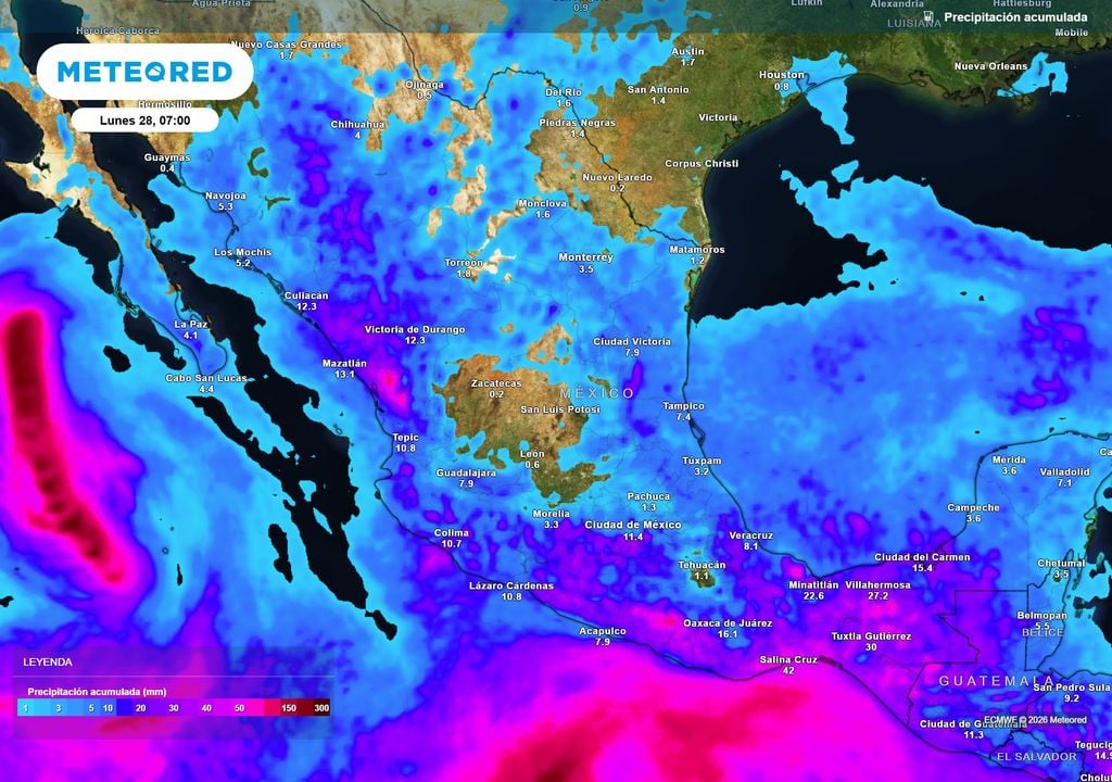 Pronóstico de precipitaciones en milímetros Las lluvias pueden acumular 20-50 mm en occidente, sur, sureste y parte del norte y Golfo de México, siendo probables de 70-100 mm o más de forma local.
