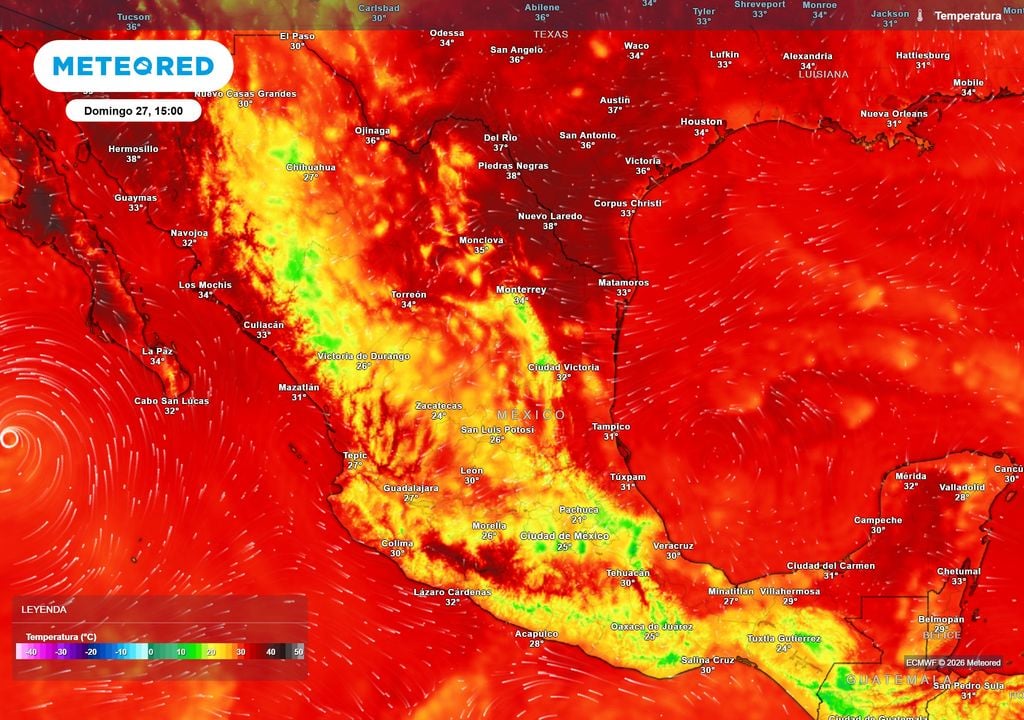 Pronóstico de temperaturas en grados Celsius Calorón de 35-45 °C persistirá desde las Baja Californias hacia Tamaulipas el sureste, mientras el Altiplano rondaría con 21-31 °C, refrescándose en zonas de lluvia.