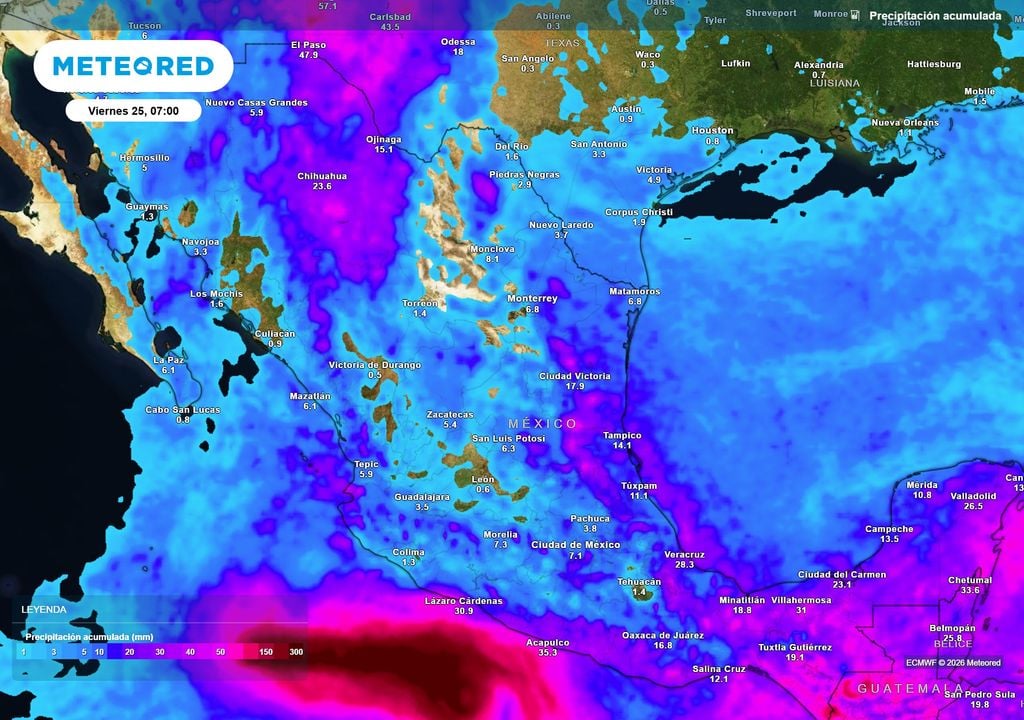 Pronóstico de precipitaciones en milímetros Lluvias que beneficiarán bosques, campos y cuerpos de agua se prevén para el norte, occidente, sur, oriente y sureste de 20-50 mm, habiendo locales de 70-150 mm.