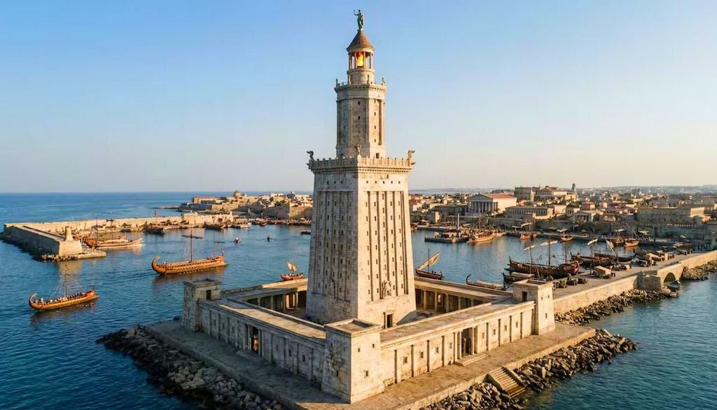 Riproduzione del Faro di Alessandria Questa ricostruzione del leggendario Faro di Alessandria, realizzata tramite intelligenza artificiale, offre uno scorcio sulla spettacolarità di questa Meraviglia del Mondo Antico. Immagine: National Geographic, GEDEON Programmes.