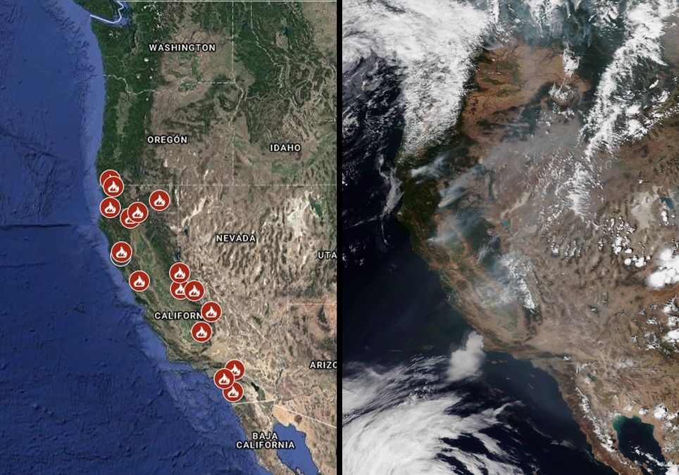 Incendios forestales activos, e imagen satelital con los penachos de humo