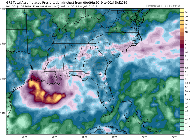 Precipitación acumulada hasta el 15 de julio de 2019 por el modelo GFS en la zona de interés. Tropicaltidbits Precipitación acumulada hasta el 15 de julio de 2019 por el modelo GFS en la zona de interés. Tropicaltidbits
