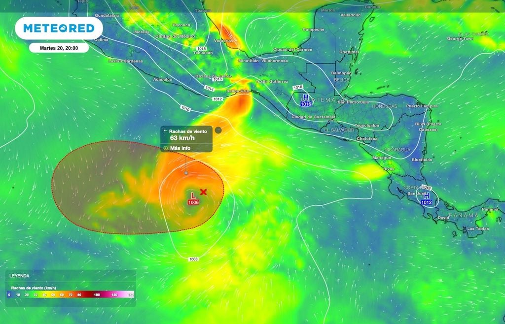Las rachas de viento en la periferia del sistema alcanzan valores de hasta 70 km. Las rachas de viento en la periferia del sistema alcanzan valores de hasta 70 km.