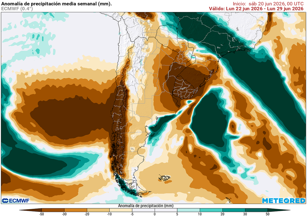 Pronóstico, Clima, Tiempo, Argentina, Invierno, Ola de frío, Heladas, Aire Polar, Temperatura, Anomalía, Precipitaciones, ECMWF, Frío, Junio Anomalía de precipitaciones prevista para los próximos 7 días según el modelo ECMWF