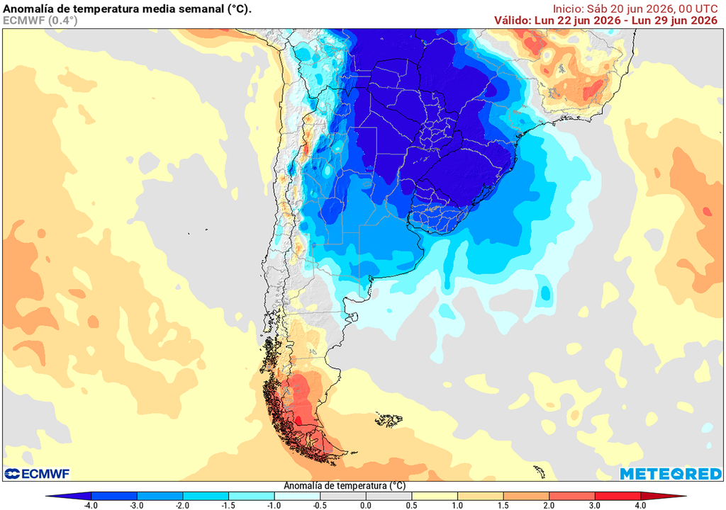 Pronóstico, Clima, Tiempo, Argentina, Invierno, Ola de frío, Heladas, Aire Polar, Temperatura, Anomalía, Precipitaciones, ECMWF, Frío, Junio Anomalía de temperaturas prevista para los próximos 7 días según el modelo ECMWF