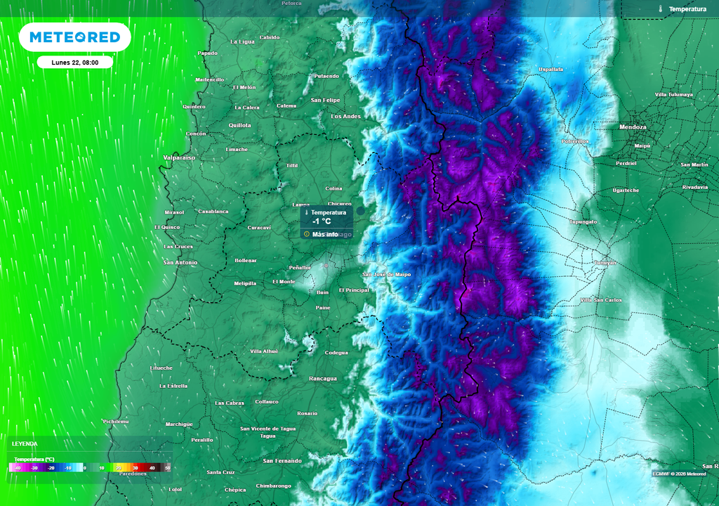El mapa muestra que el lunes será una de las mañanas más frías de la semana en la RM, con valores cercanos a 0 °C e incluso inferiores en comunas rurales, periféricas y sectores precordilleranos.