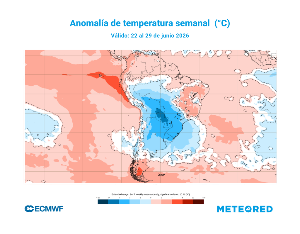 El modelo ECMWF proyecta anomalías negativas de temperatura (celeste) en algunos sectores de la zona central, reforzando un escenario de mañanas más frías de lo normal.