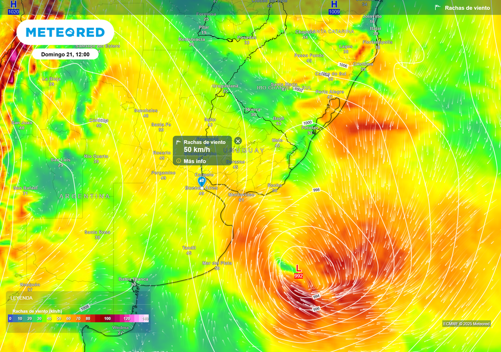 Ráfagas de viento para el domingo 21 de septiembre a las 12 h, según el modelo ECMWF.