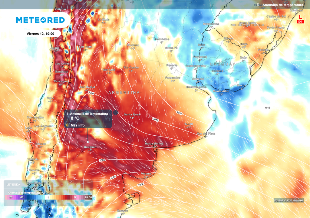 Anomalía de temperatura__Viernes 12 de junio 10 h. Anomalías de temperatura según el modelo ECMWF para este viernes 12 de Junio a las 10 h.