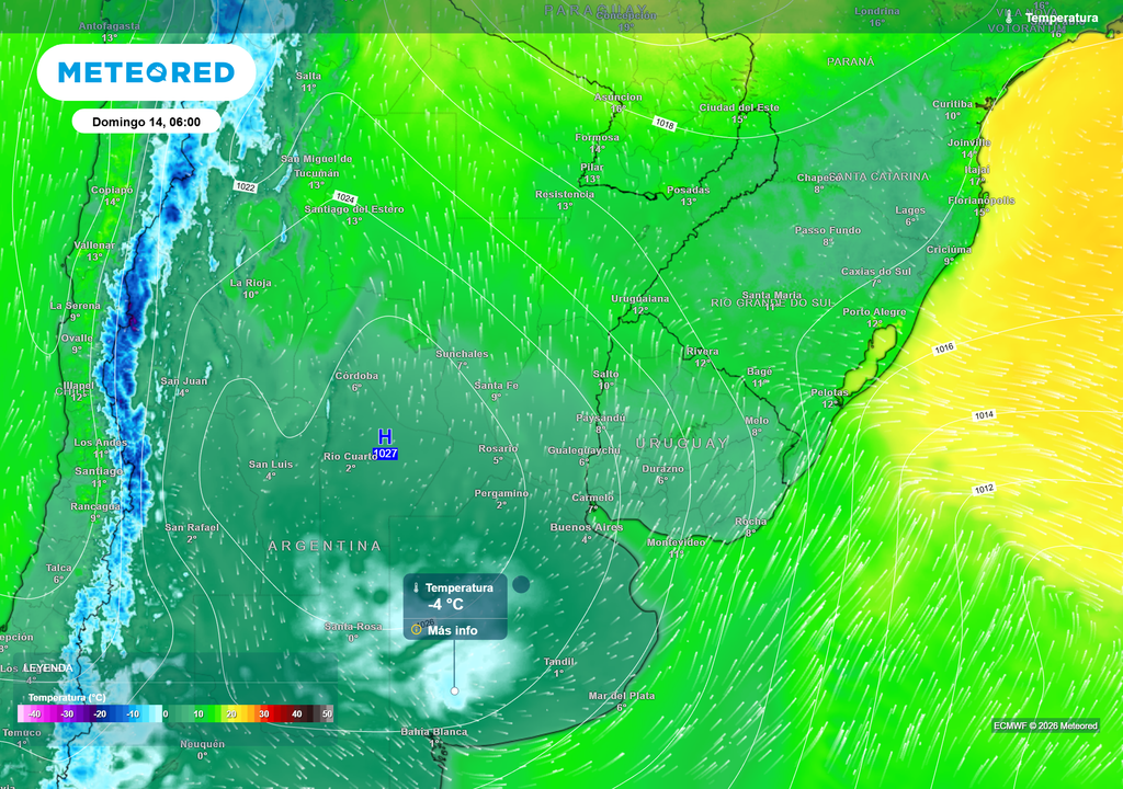 Temperatura__Domingo 14 06 Temperaturas para el día domingo 14 de Junio a las 6 h, según el modelo ECMWF.