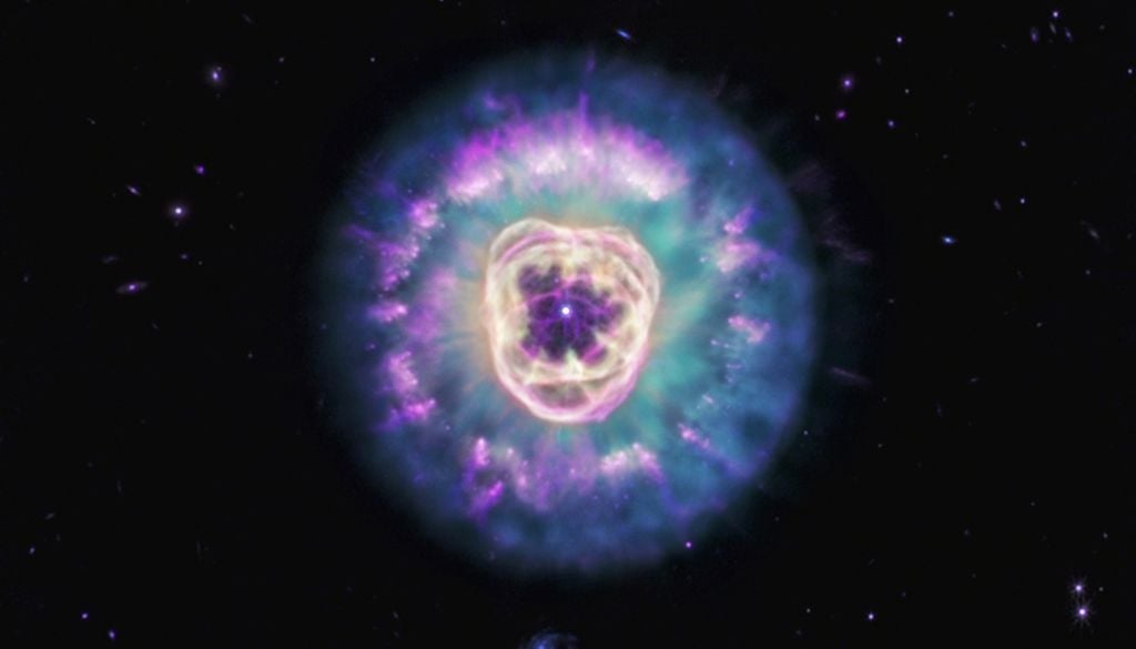 Webb revela polvo y estructuras en NGC 2392, la Nebulosa del León, esculpida por una estrella moribunda. Créditos: NASA, ESA, CSA, STScI; procesamiento: Alyssa Pagan (STScI).
