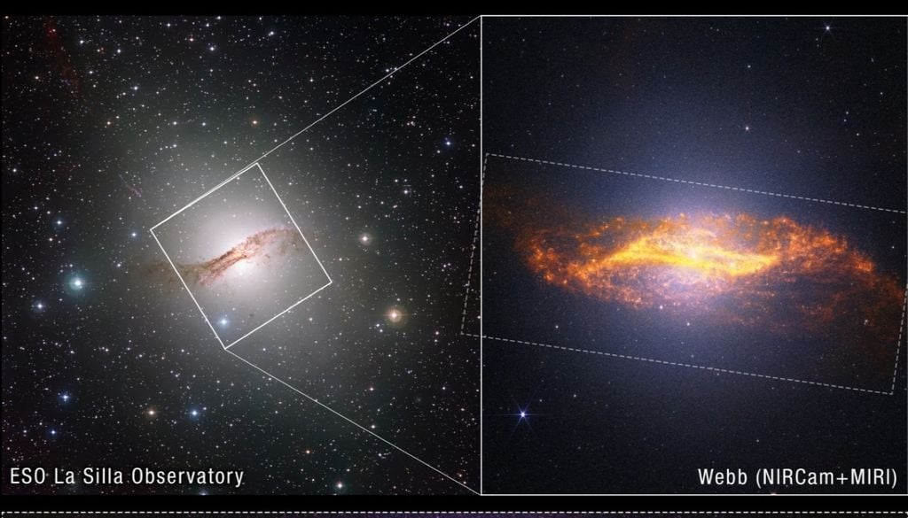 Imagen de Centaurus A, tomada por el Observatorio de La Silla, y vista en el infrarrojo cercano y medio tomadas con el JWST. Crédito: NASA.