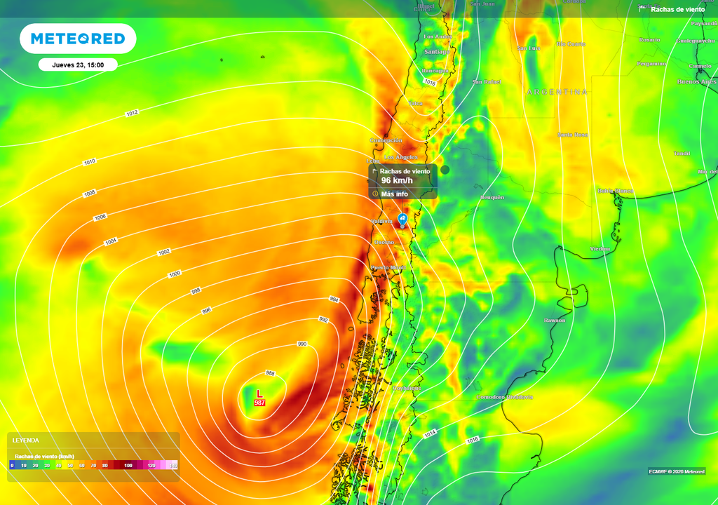 Rachas de viento previstas El paso de un sistema frontal dejará fuertes vientos en la zona sur. El temporal será con rachas que rondarán los 100 km/h.