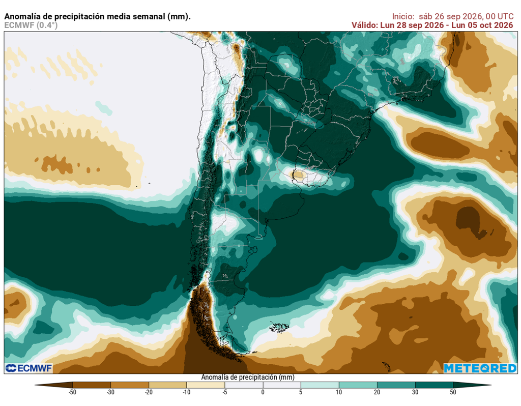 El ECMWF proyecta precipitaciones sobre lo normal esta semana, principalmente desde la zona central hacia el sur de Chile.