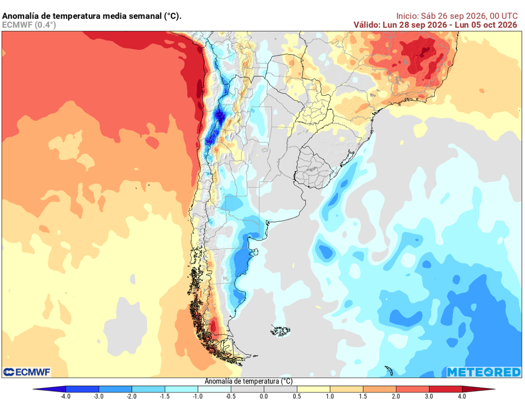 El ECMWF proyecta temperaturas bajo lo normal en sectores cordilleranos y valores sobre el promedio principalmente en áreas costeras y del norte de Chile.