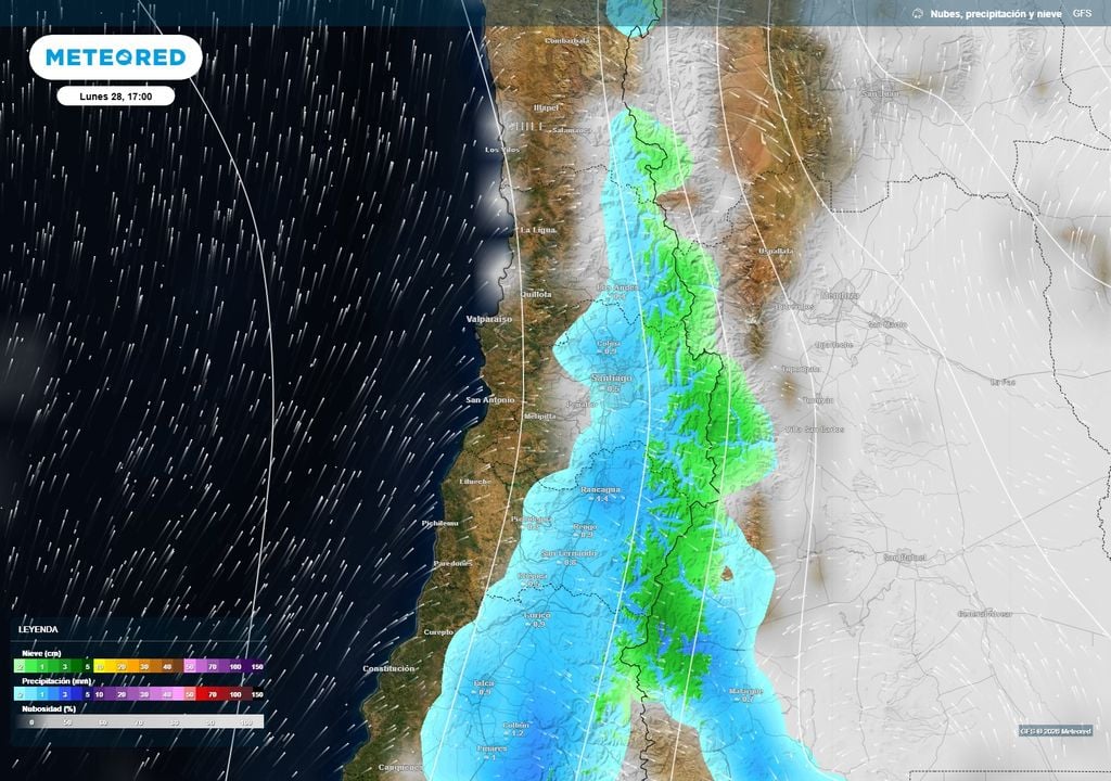 mapa de lluvia y nieve. Las precipitaciones podrían llegar a Coquimbo el lunes.
