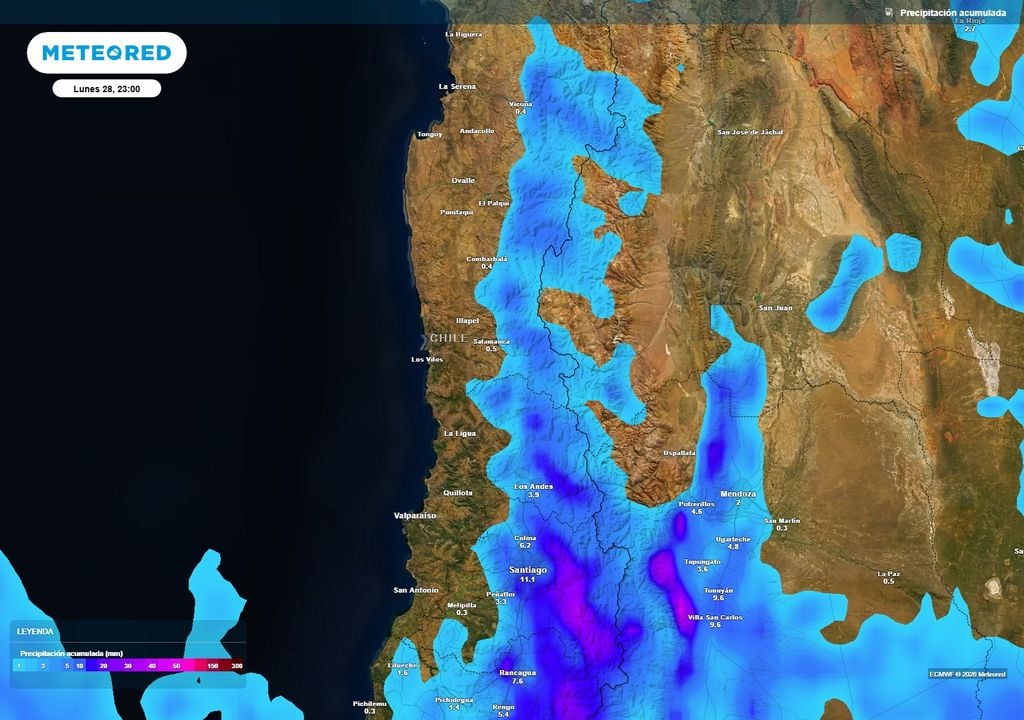 El mapa muestra la precipitación acumulada el lunes en el centro-norte, donde podría alcanzar hasta parte de la región de Coquimbo.