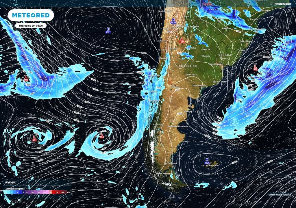 mapa de lluvias. El miércoles llega un nuevo sistema frontal al centro-sur.