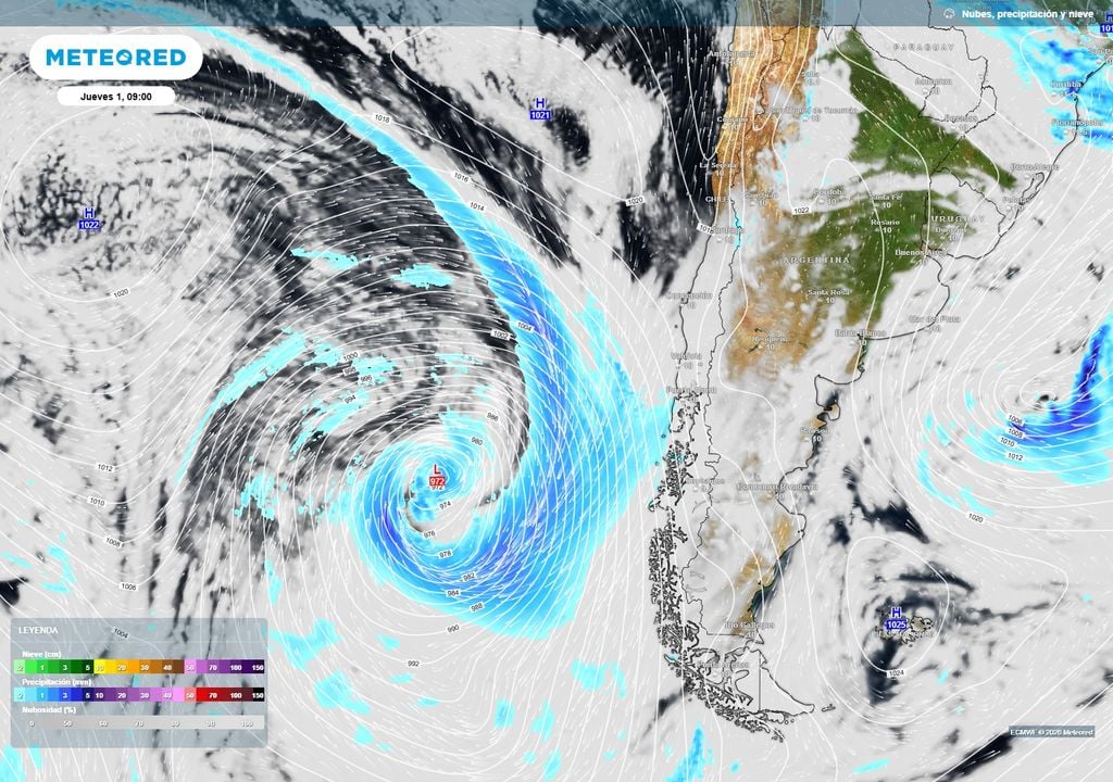 mapa de lluvia y nieve. Sistema frontal con río atmosférico ingresaría el jueves al sur y centro-sur de Chile, con precipitaciones inicialmente más beneficiosas que riesgosas.